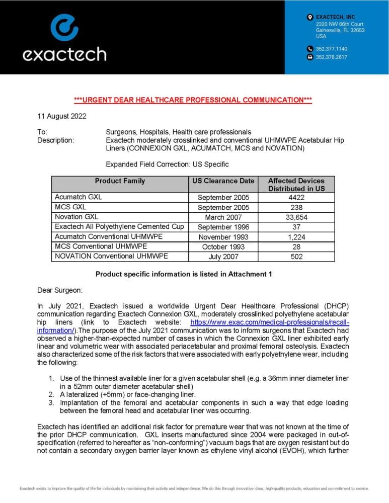 Warning letter to surgeons from Exactech about packaging defects for the GXL hip replacement showing additional risks. 