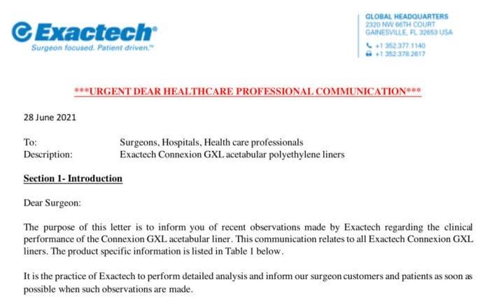 Exactech letter to surgeons about exactech Connexion GLX acetabular liner