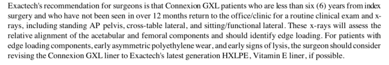 Excerpt from Exactech letter to surgeons Connexion GXL hip