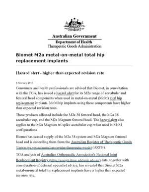 Screenshot of the Biomet M2a Magnum Hazard Alert from the Australian Department of Health