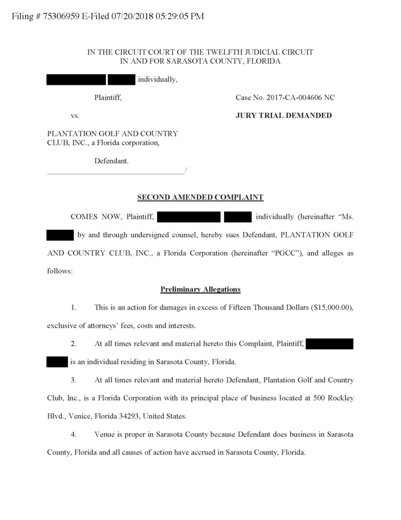 Redacted Complaint First Page against Plantation Golf and Country Club