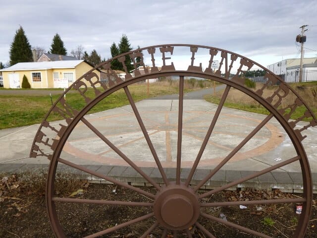 Wagon Wheel at trailhead of Yelm Prairie Line Trail 